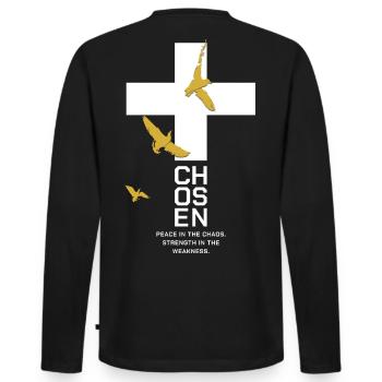 CHOSEN Kreuz Tauben Gold Weiß Peace - Männer Premium Bio Langarmshirt - Schwarz - Hinten - Nico (187cm)