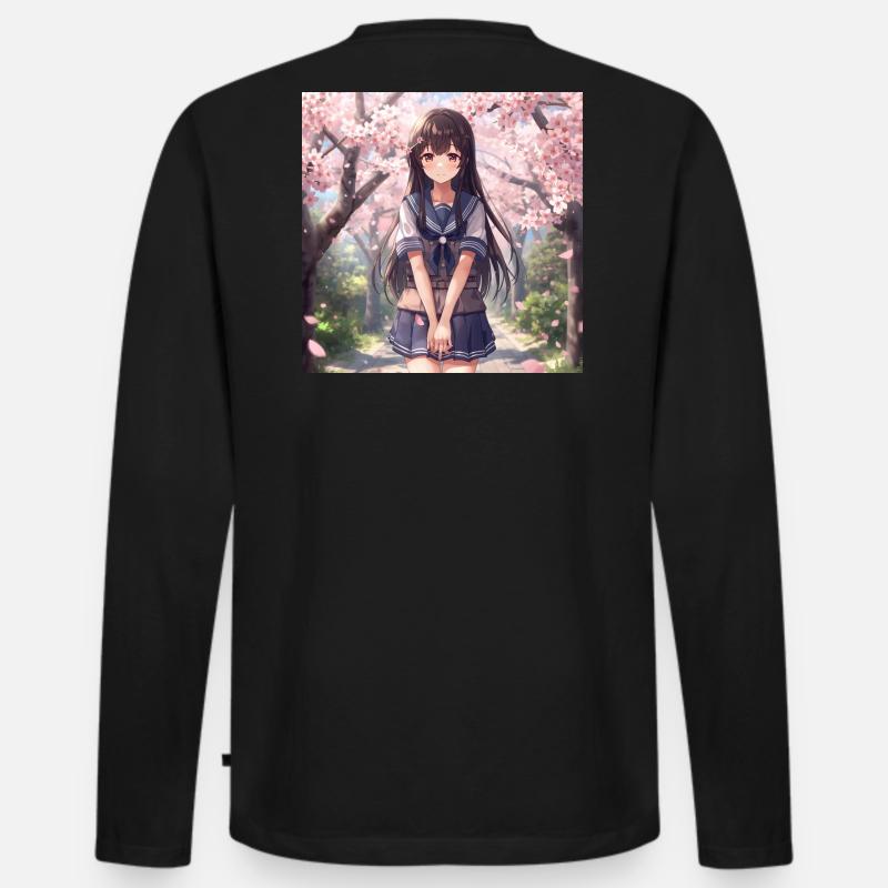 Kirschblüten Schulmädchen - Männer Premium Bio Langarmshirt - Schwarz