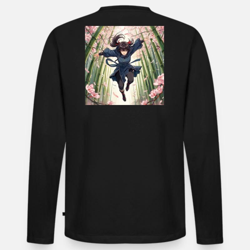 Bambusheldin im Kirschblütenpfad - Männer Premium Bio Langarmshirt - Schwarz