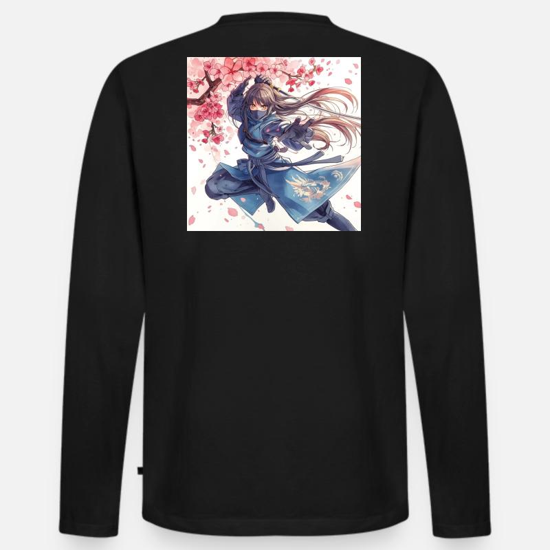 Kirschblüten-Ninja im Blitzangriff - Männer Premium Bio Langarmshirt - Schwarz