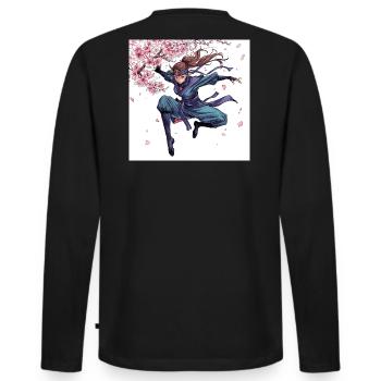 Kirschblüten Krieger Stil - Männer Premium Bio Langarmshirt - Schwarz - Hinten - Nico (187cm)