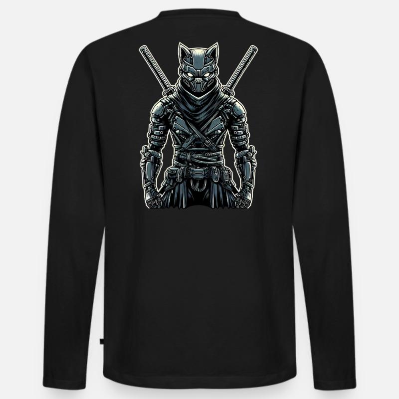 Ninja Cyborg Katze mit Schwertern - Männer Premium Bio Langarmshirt - Schwarz