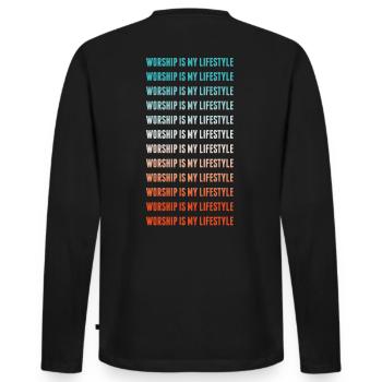 WORSHIP IS MY LIFESTYLE - Männer Premium Bio Langarmshirt - Schwarz - Hinten - Nico (187cm)
