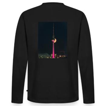 Tour de télévision rose de Berlin avec grande lune - T-shirt manches longues Premium bio Homme - noir - Dos - Nico (187cm)