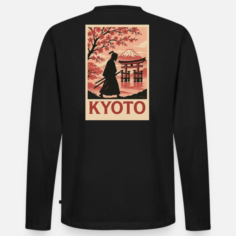 Kyoto Samurai und Kirschblüten Silhouette - Männer Premium Bio Langarmshirt - Schwarz
