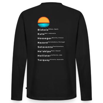 Popular Surf Spots List - Men's Premium Organic Long Sleeve Shirt - black - Back - Nico (187cm)