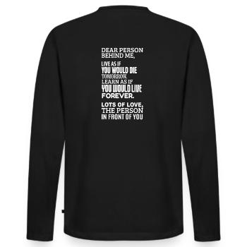 Chère personne derrière moi - Joie, pensée positive - T-shirt manches longues Premium bio Homme - noir - Dos - Nico (187cm)