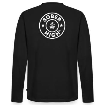 Live clean. Feel high. soberhigh. - Men's Premium Organic Long Sleeve Shirt - black - Back - Nico (187cm)