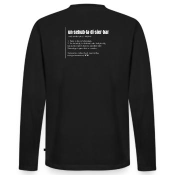 Unschubladisierbar – Wörterbuch auf dunklen Farben - Männer Premium Bio Langarmshirt - Schwarz - Hinten - Nico (187cm)