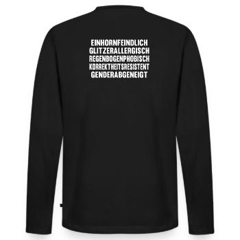 Einhornfeindlich - Männer Premium Bio Langarmshirt - Schwarz - Hinten - Nico (187cm)