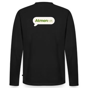Atmen hilft – Achtsamkeitsspruch in Moosgrün - Männer Premium Bio Langarmshirt - Schwarz - Hinten - Nico (187cm)