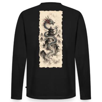 Blauer Drache im chinesischen Bergnebel - Männer Premium Bio Langarmshirt - Schwarz - Hinten - Nico (187cm)