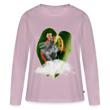 Collage exotique surréaliste avec perroquet et feuilles - T-shirt manches longues Premium bio Femme - rose poudré - Devant - Julia (174cm)