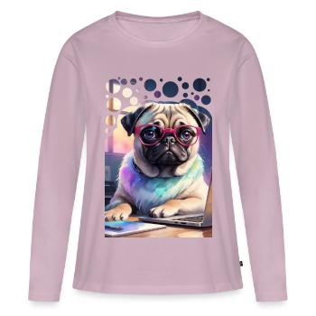 Bureau Chien Carlin avec Ordinateur Portable et Lunettes Roses Pop Art - T-shirt manches longues Premium bio Femme - rose poudré - Devant - Julia (174cm)