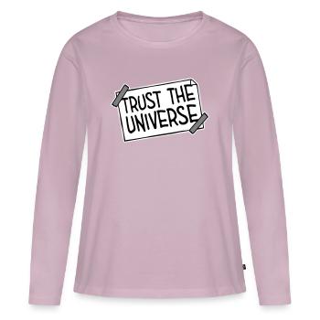 Logo de citation spirituelle de l’univers Trust The Universe - T-shirt manches longues Premium bio Femme - rose poudré - Devant - Julia (174cm)