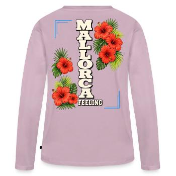 Sensation de Majorque avec hibiscus et feuilles tropicales - T-shirt manches longues Premium bio Femme - rose poudré - Dos - Julia (174cm)