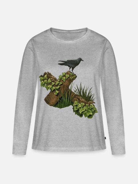 Krähe auf Holzkreuz, efeu - Frauen Premium Bio Langarmshirt - Grau meliert
