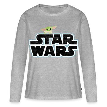 Star Wars: Mandalorian Schriftzug Mit Grogu - Frauen Premium Bio Langarmshirt - Grau meliert - Vorne - Julia (174cm)