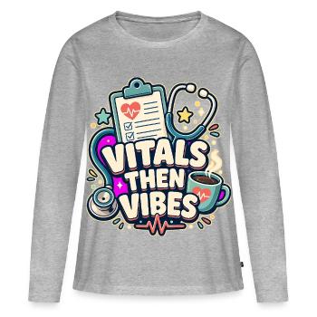 CONSTANTES PUIS VIBRATIONS Sieste - T-shirt manches longues Premium bio Femme - gris chiné - Devant - Julia (174cm)
