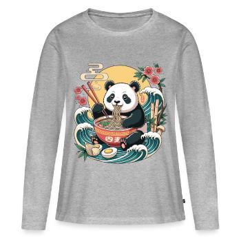 Kawaii Panda Ramen Ocean Waves Bowl japonais - T-shirt manches longues Premium bio Femme - gris chiné - Devant - Julia (174cm)