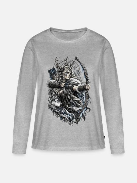 Wikinger Bogenschützin mit Wolf – Noventra - Frauen Premium Bio Langarmshirt - Grau meliert