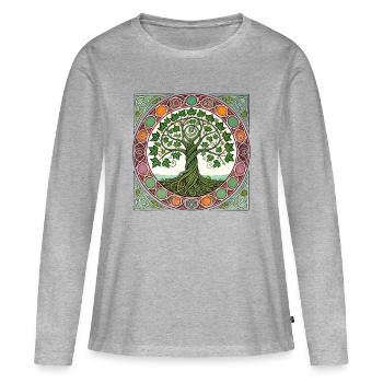 Vitrail circulaire de l’Arbre de Vie - T-shirt manches longues Premium bio Femme - gris chiné - Devant - Julia (174cm)
