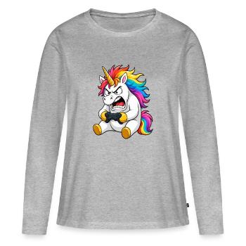 La rage drôle du joueur de la licorne abandonne - T-shirt manches longues Premium bio Femme - gris chiné - Devant - Julia (174cm)