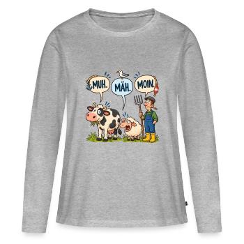 Muh Mäh Moin – Norddeutscher Bauernhof mit Humor!! - Frauen Premium Bio Langarmshirt - Grau meliert - Vorne - Julia (174cm)