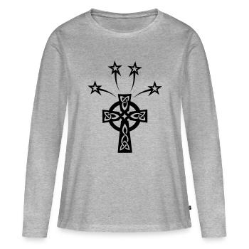 Croix celtique 5 étoiles brillantes - T-shirt manches longues Premium bio Femme - gris chiné - Devant - Julia (174cm)