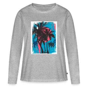 Palmiers au coucher de soleil néon - T-shirt manches longues Premium bio Femme - gris chiné - Devant - Julia (174cm)