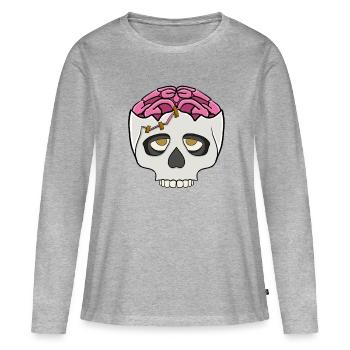 Pinkes Gehirn im Schädel  - Frauen Premium Bio Langarmshirt - Grau meliert - Vorne - Julia (174cm)