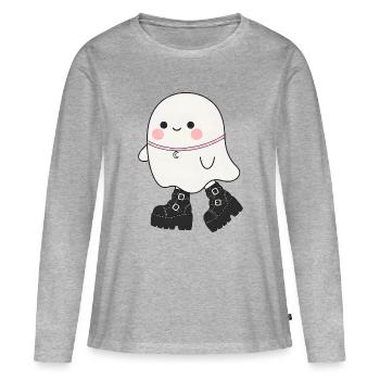 Fantôme Kawaii avec bottes plateformes - T-shirt manches longues Premium bio Femme - gris chiné - Devant - Julia (174cm)