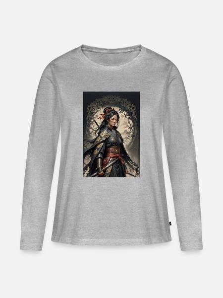 Dunkle Samurai Kriegerin im Kimono - Frauen Premium Bio Langarmshirt - Grau meliert