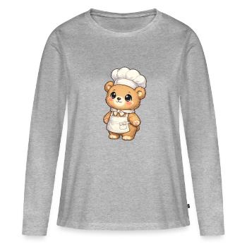 Illustration du chef de l’ours et du chef - T-shirt manches longues Premium bio Femme - gris chiné - Devant - Julia (174cm)