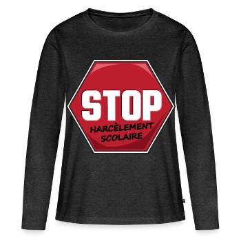 Stop Harcèlement Scolaire - T-shirt manches longues Premium bio Femme - anthracite chiné - Devant - Julia (174cm)