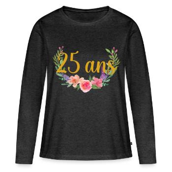 fleurs anniversaire 25ans - T-shirt manches longues Premium bio Femme - anthracite chiné - Devant - Julia (174cm)