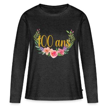 Anniversaire fleurs 100 ans - T-shirt manches longues Premium bio Femme - anthracite chiné - Devant - Julia (174cm)