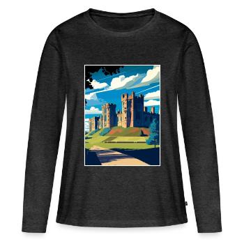 Château d’Alnwick, Angleterre, Illustration de voyage vintage - T-shirt manches longues Premium bio Femme - anthracite chiné - Devant - Julia (174cm)