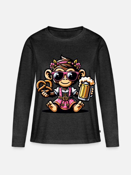 Verspielte Biergarten Affe Illustration - Frauen Premium Bio Langarmshirt - Anthrazit meliert