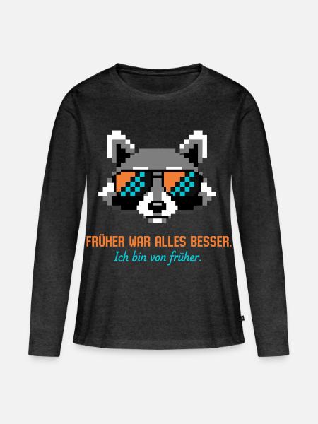 Waschbär Pixel Art Retro Nostalgie - Frauen Premium Bio Langarmshirt - Anthrazit meliert