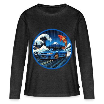 Wave Legend — JDM Icon rencontre la Grande Vague - T-shirt manches longues Premium bio Femme - anthracite chiné - Devant - Julia (174cm)