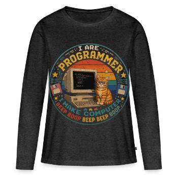 Cat Computer Programmer Retro Vintage Humor - Women's Premium Organic Long Sleeve Shirt - heather anthracite - Front - Julia (174cm)