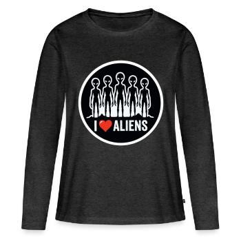 J’adore Aliens Extraterrestre Fan d’OVNI - T-shirt manches longues Premium bio Femme - anthracite chiné - Devant - Julia (174cm)