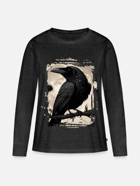Rabe auf Ast vorm Vollmond - Frauen Premium Bio Langarmshirt - Anthrazit meliert