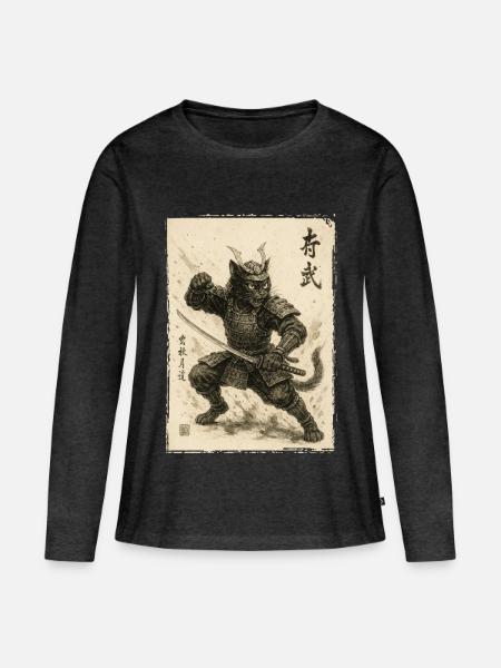 Samurai Katze, Japanischer Krieger & Kämpfer - Frauen Premium Bio Langarmshirt - Anthrazit meliert