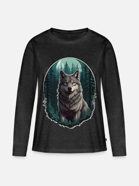 Wolf im Mondlicht - Frauen Premium Bio Langarmshirt - Anthrazit meliert