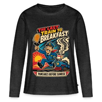 Le dernier train pour le petit-déjeuner – Humour ferroviaire - T-shirt manches longues Premium bio Femme - anthracite chiné - Devant - Julia (174cm)