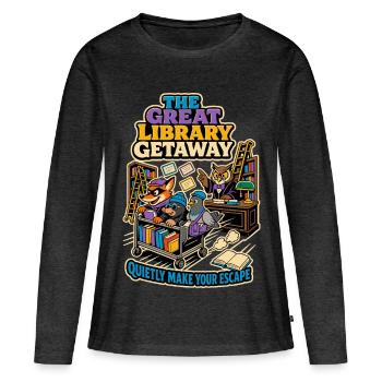 La Grande Escapade à la Bibliothèque – Livres Humour - T-shirt manches longues Premium bio Femme - anthracite chiné - Devant - Julia (174cm)