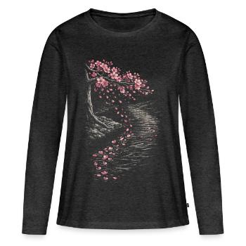 Fleurs de cerisier Sakura Fleurs de cerisier - T-shirt manches longues Premium bio Femme - anthracite chiné - Devant - Julia (174cm)