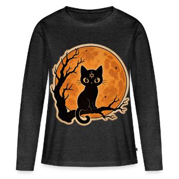 Chat noir devant une pleine lune Motif d’Halloween - T-shirt manches longues Premium bio Femme - anthracite chiné - Devant - Julia (174cm)